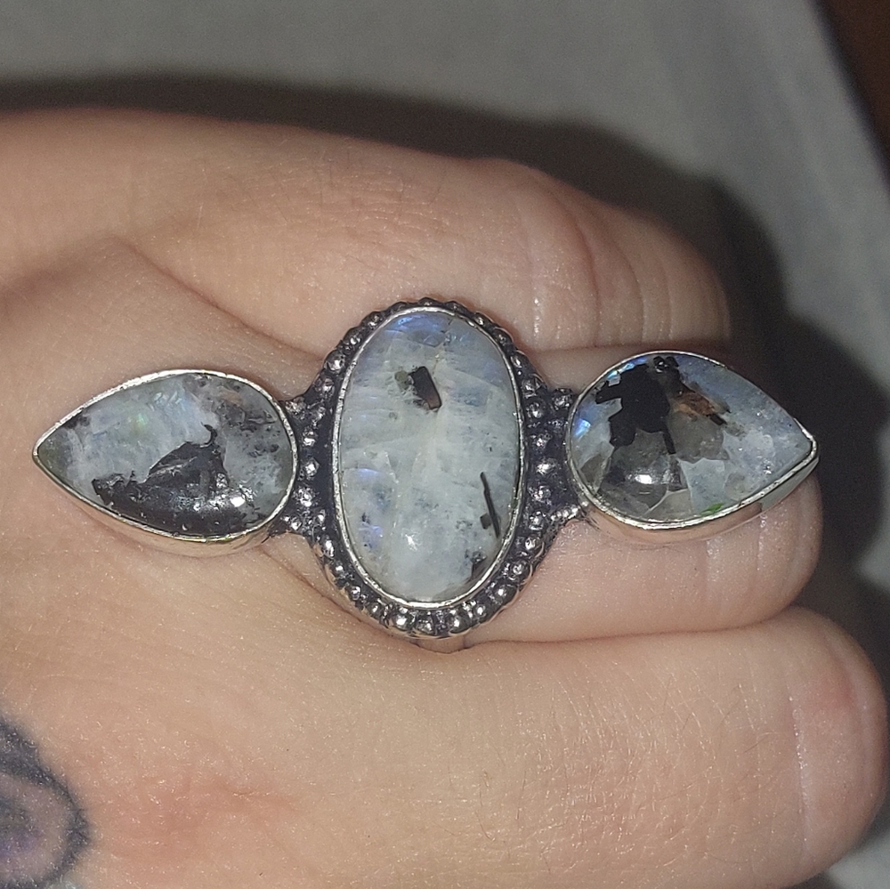 Triple Rainbow Moonstone Statement Ring Size 7 - Picture 5 of 9